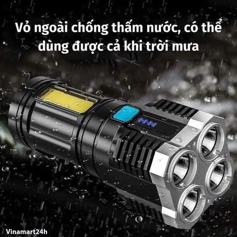 Đèn Pin Cầm Tay Chiếu Xa Siêu Sáng 4 Bóng 4 Chế Độ, Đèn Pin Led cổng sạc USB