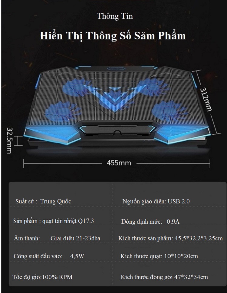 Đế Tản Nhiệt Q17.3 Với 5 Quạt Mạng Mẽ Giúp Bảo Vệ Máy Tính Laptop Có Đèn LED