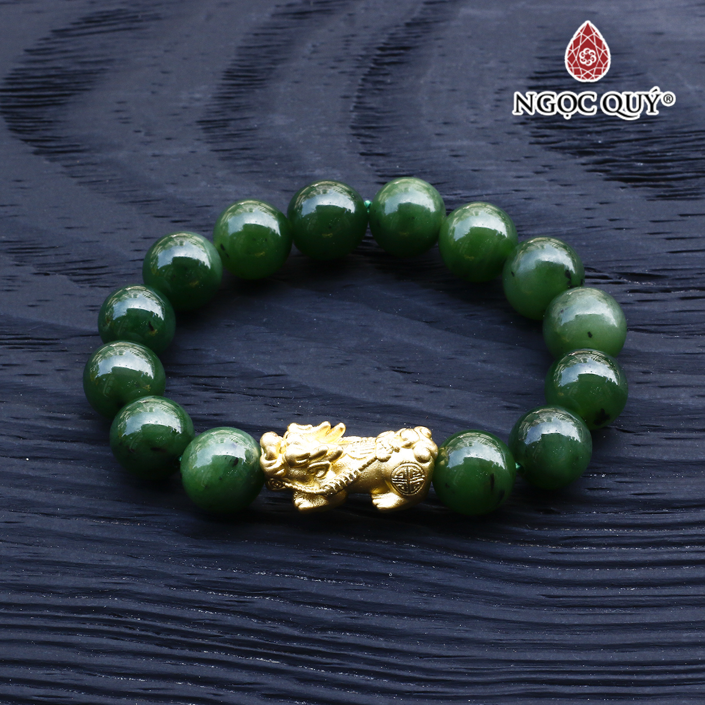 Vòng ngọc bích 11mm phối tỳ hưu bạc mạ vàng mệnh hỏa, thổ - Ngọc Quý Gemstones