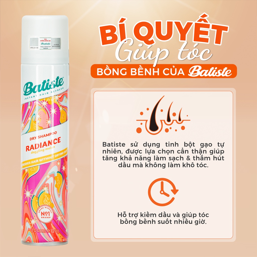 Dầu Gội Khô Hương Dưa Lưới Batiste Dry Shampoo RADIANCE Dazzling Melon 200ml