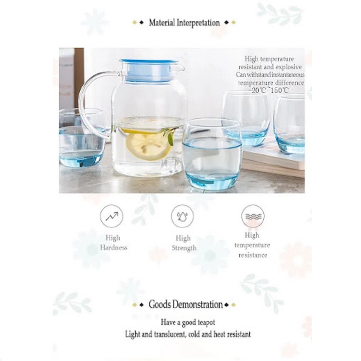 Bộ Bình Thủy Tinh Chịu Nhiệt 1.3 LÍT TẶNG KÈM 6 Cốc Thủy Tinh  Cao Cấp