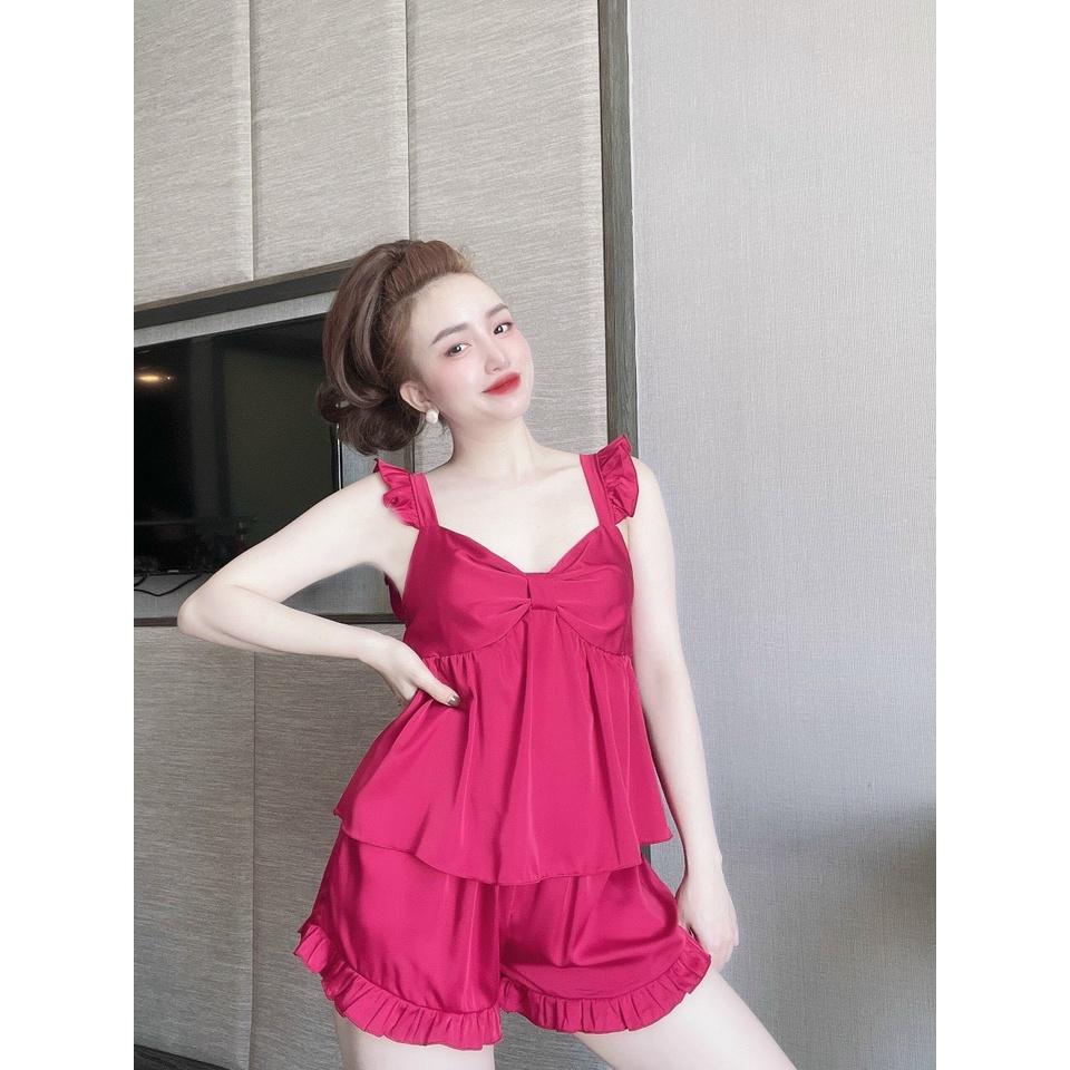 Đồ ngủ đùi 2 dây dễ thương, chất lụa latin mềm, mịn, mát - Freesize dưới 62 kg