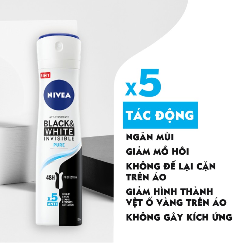 Xịt Ngăn Mùi NIVEA Black & White Ngăn Vệt Ố Vàng Vượt Trội 5in1 - 82230