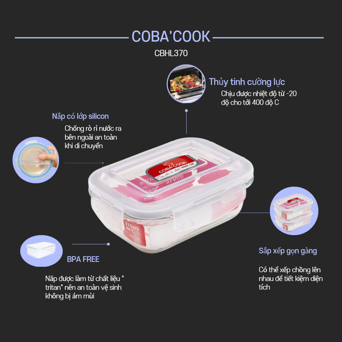 Bộ túi hộp cơm thủy tinh COBA'COOK Thủy tinh cường lực chịu nhiệt tới 400 độ C  Gồm 3 hộp 370ml và 1 túi - CCL33BS