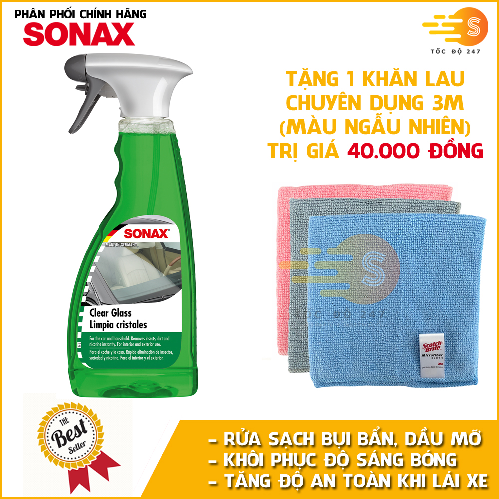 Chai xịt rửa kính, gương, đèn xe siêu sạch Sonax 338241 500ml - tặng 1 khăn 3M màu ngẫu nhiên - Rửa sạch vết bẩn, dầu mỡ, khôi phục lại độ trong suốt của kính