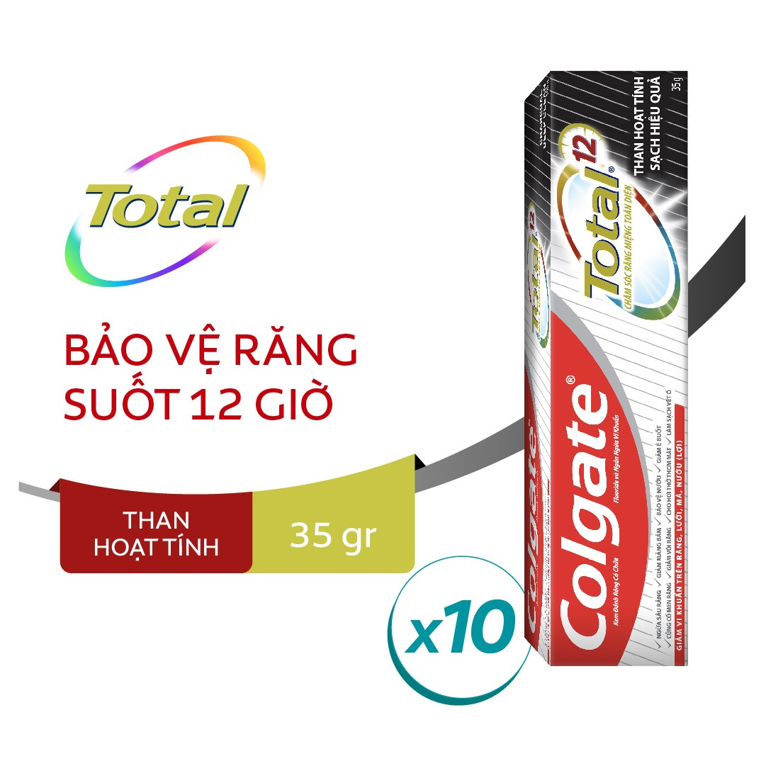 Bộ 10 Kem đánh răng Colgate giảm chảy máu nướu Total than hoạt tính bảo vệ toàn diện 35gr/tuýp