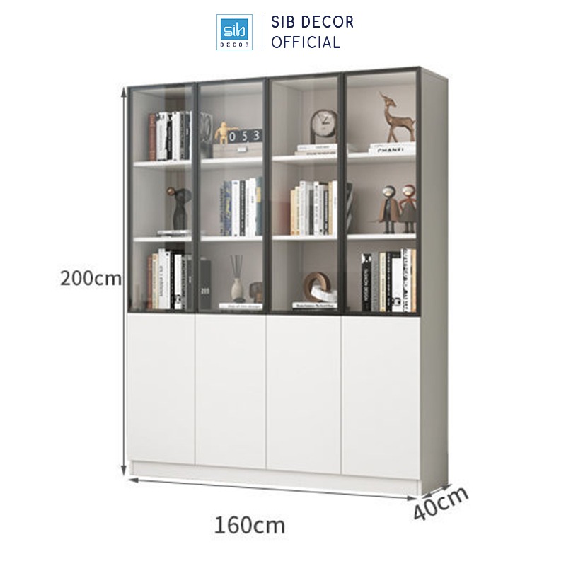 Tủ Sách Gỗ Hiện Đại Kèm Cửa Kính Dài 160cm Rộng 40cm Cao 200cm SIB Decor KS604