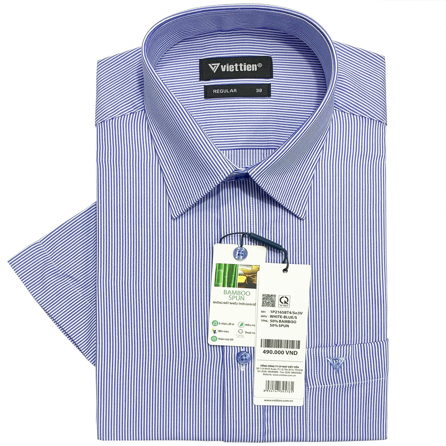 Viettien - Áo sơ mi nam ngắn tay xẻ tà lai ngang kẻ sọc 1P2165 regular