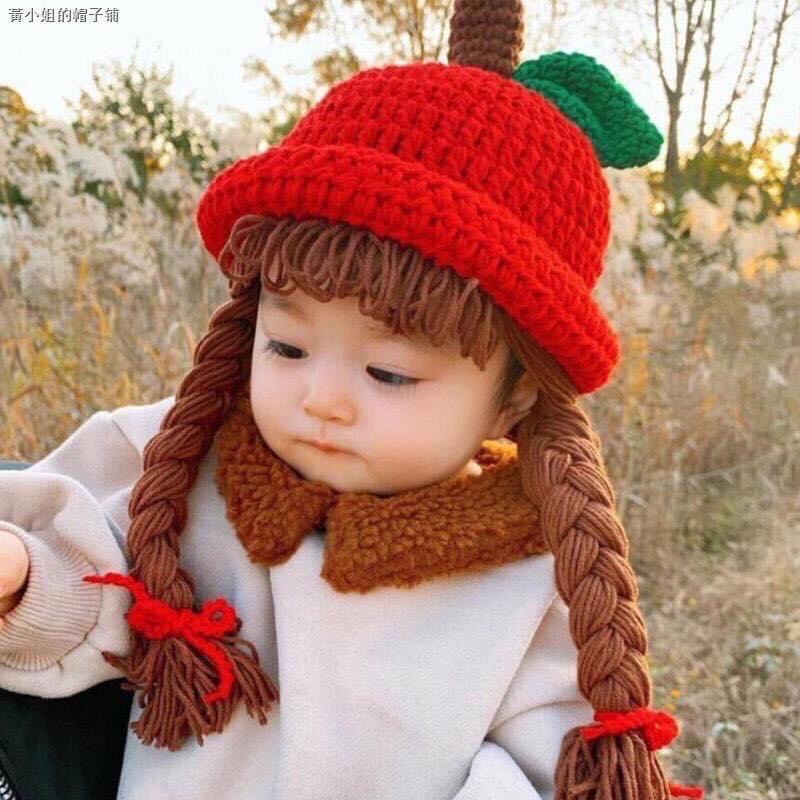 Mũ nón len tóc giả quả táo bé gái tặng kèm túi đeo