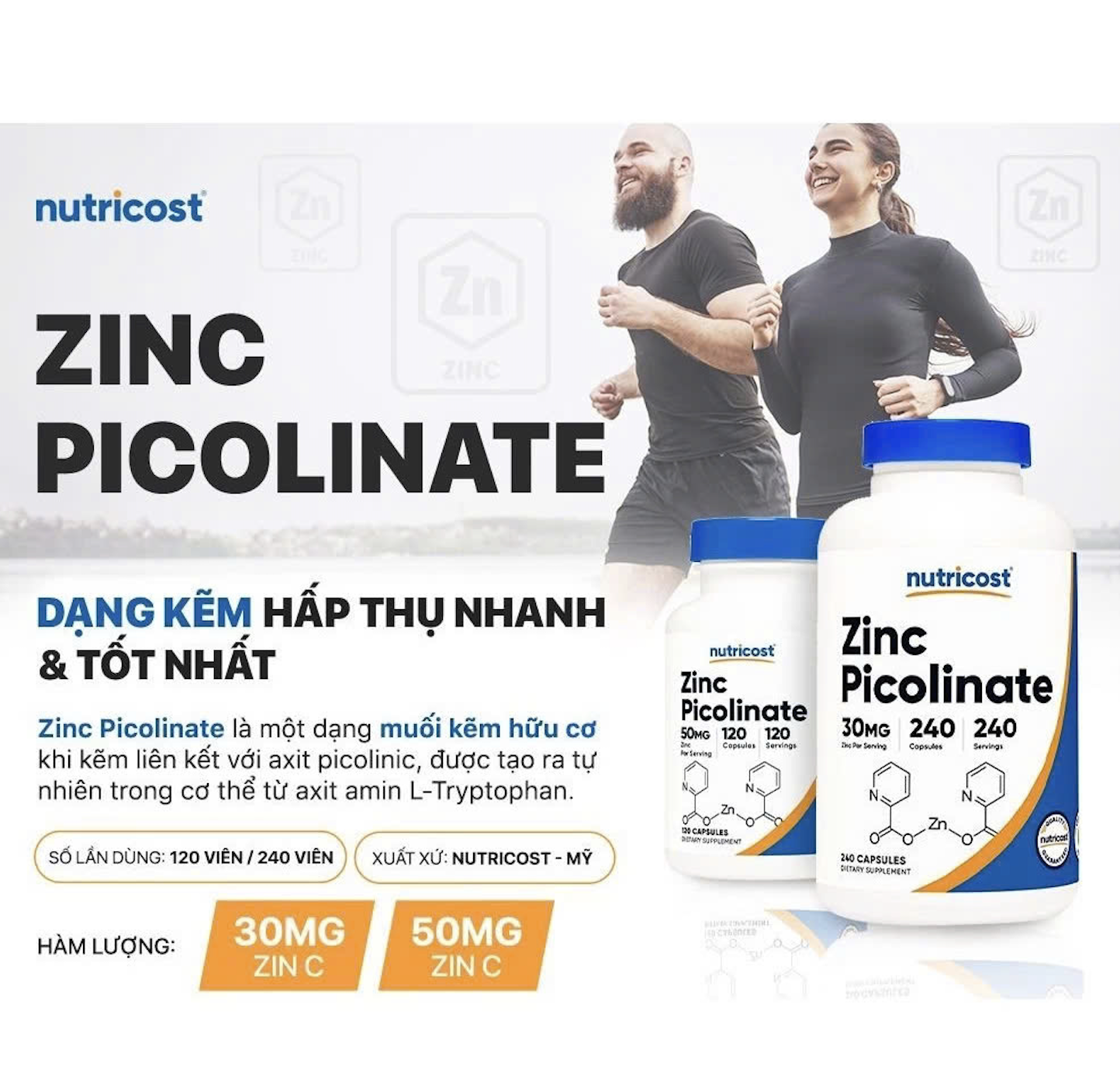 Viên Uống Bổ Sung Kẽm Nutricost Zinc Picolinate (30mg/50mg) Tăng Khả Năng Nam Giới, Hệ Miễn Dịch | Nhập Khẩu Mỹ
