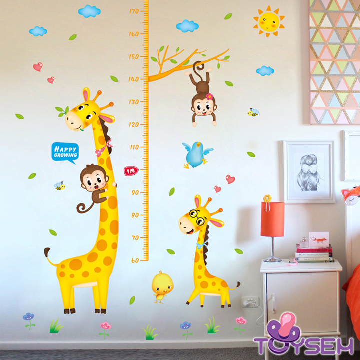 Decal dán tường thước đo chiều cao cho bé hình hươu và khỉ dễ thương - Trang trí decor phòng cho bé - Quà Tặng sinh nhật cho trẻ