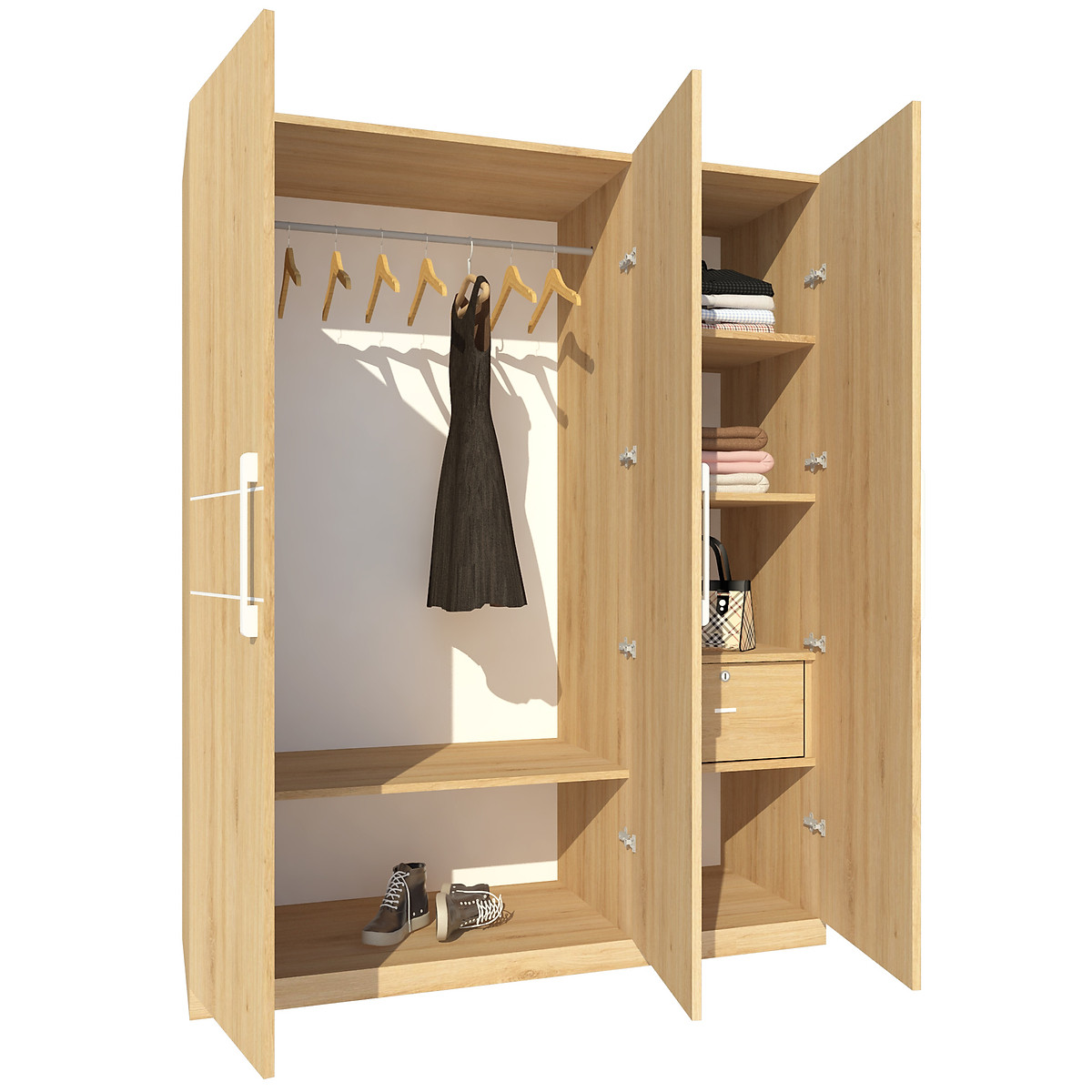 Tủ quần áo gỗ MDF Tundo 3 cánh màu vàng sồi 160 x 55 x 200cm