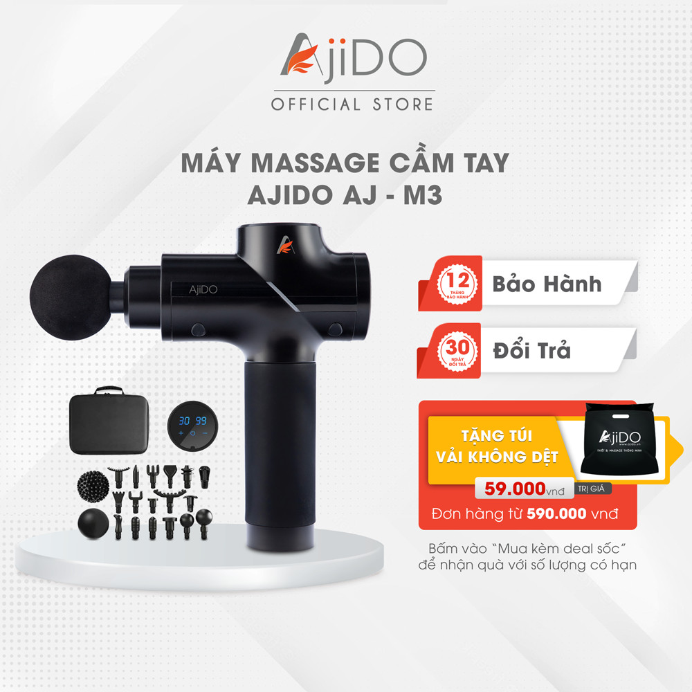 Máy Massage Cầm Tay AJIDO-M3, 15 Đầu Thay Thế, 30 Cấp Độ - Máy Mát Xa Toàn Thân Chuyên Sâu Giãn Cơ, Đấm Lưng, Cổ Vai