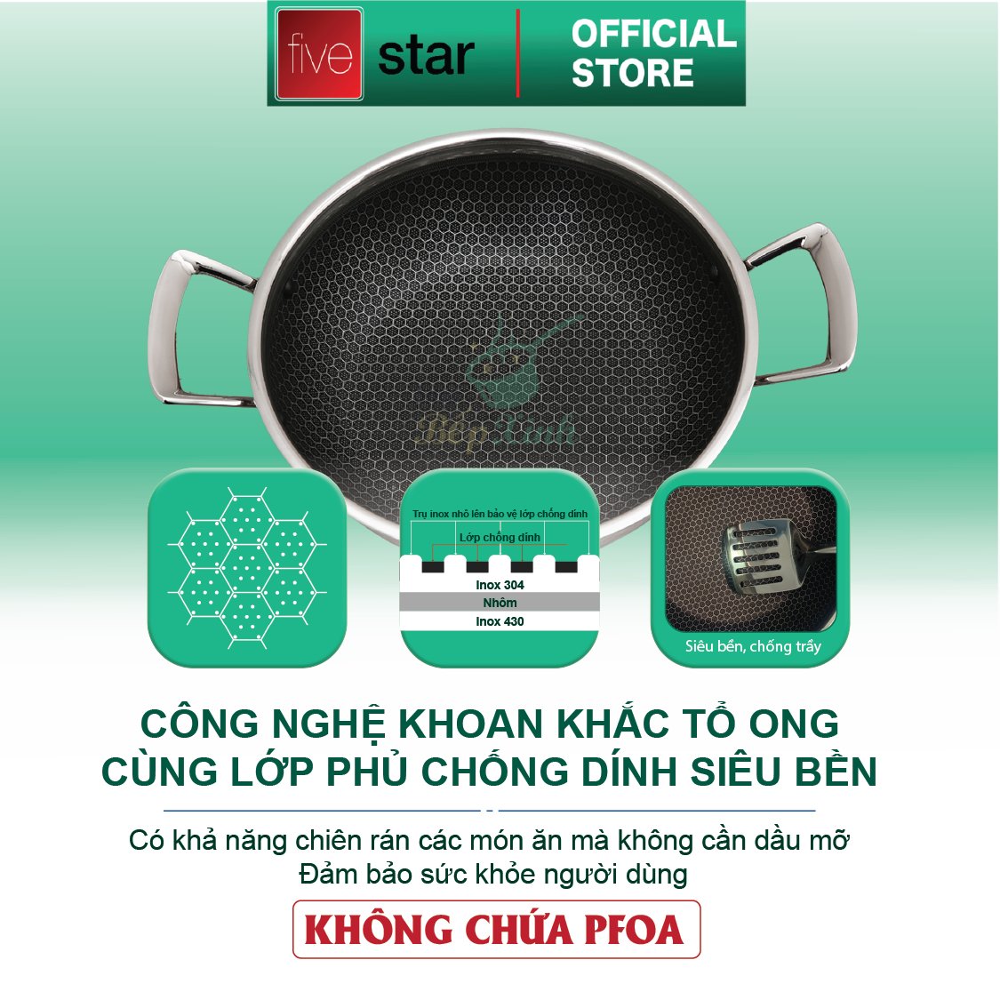 Chảo tổ ong chống dính 2 quai 3 lớp đáy liền inox 304 FiveStar Plush 24cm / 26cm /28cm , tặng 1 sạn inox