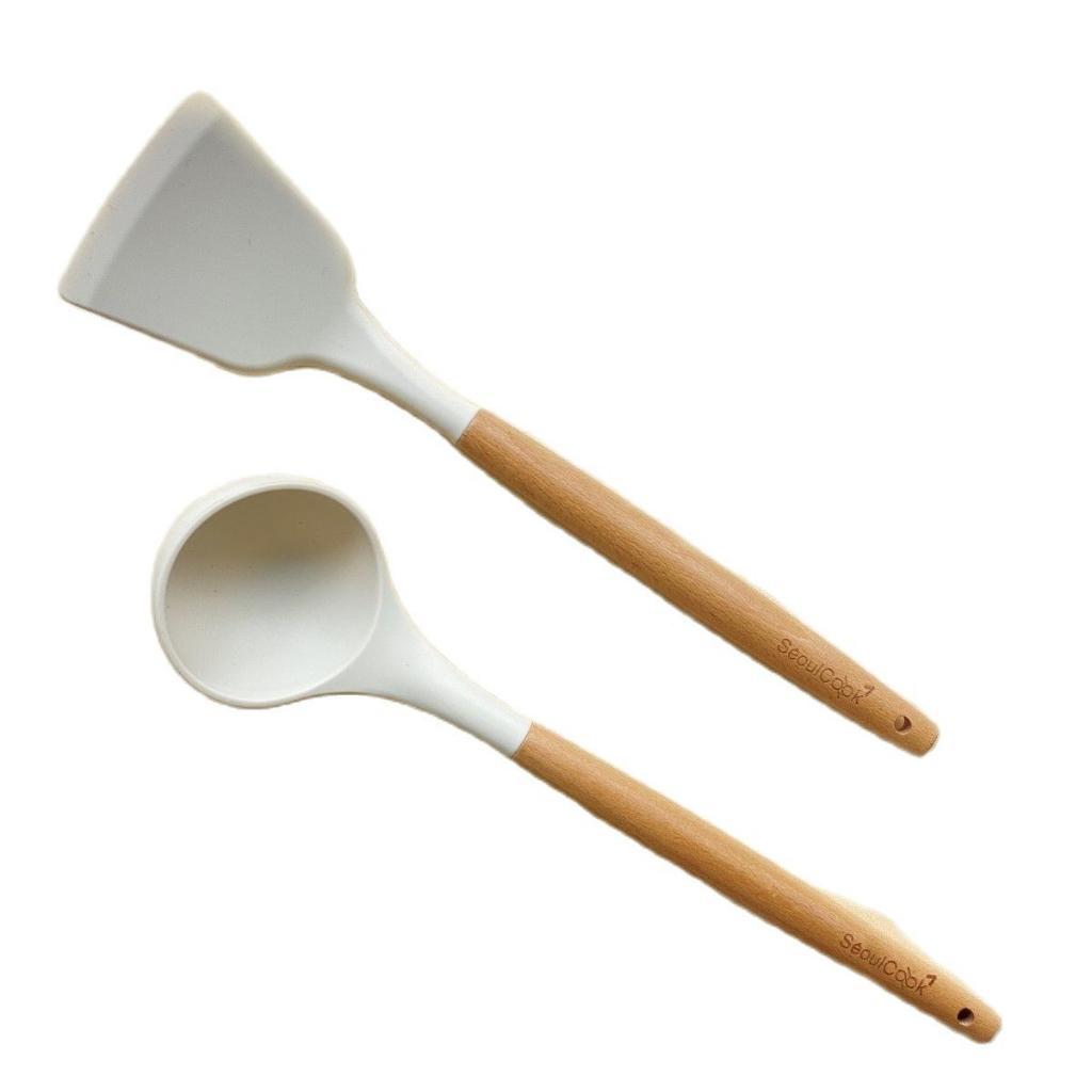 – Bộ 2 dụng cụ nấu ăn Vá/ Sạn/Xẻng có rãnh cán gỗ Seoulcook cao cấp, chống dính dùng cho nhà bếp