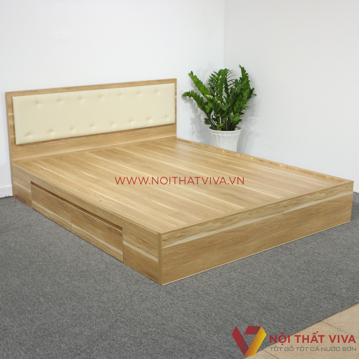 Giường Ngủ Gỗ MDF Melamine Vân Gỗ Vàng Sọc Có Hộc Kéo + Đầu Nệm Kem Đẹp