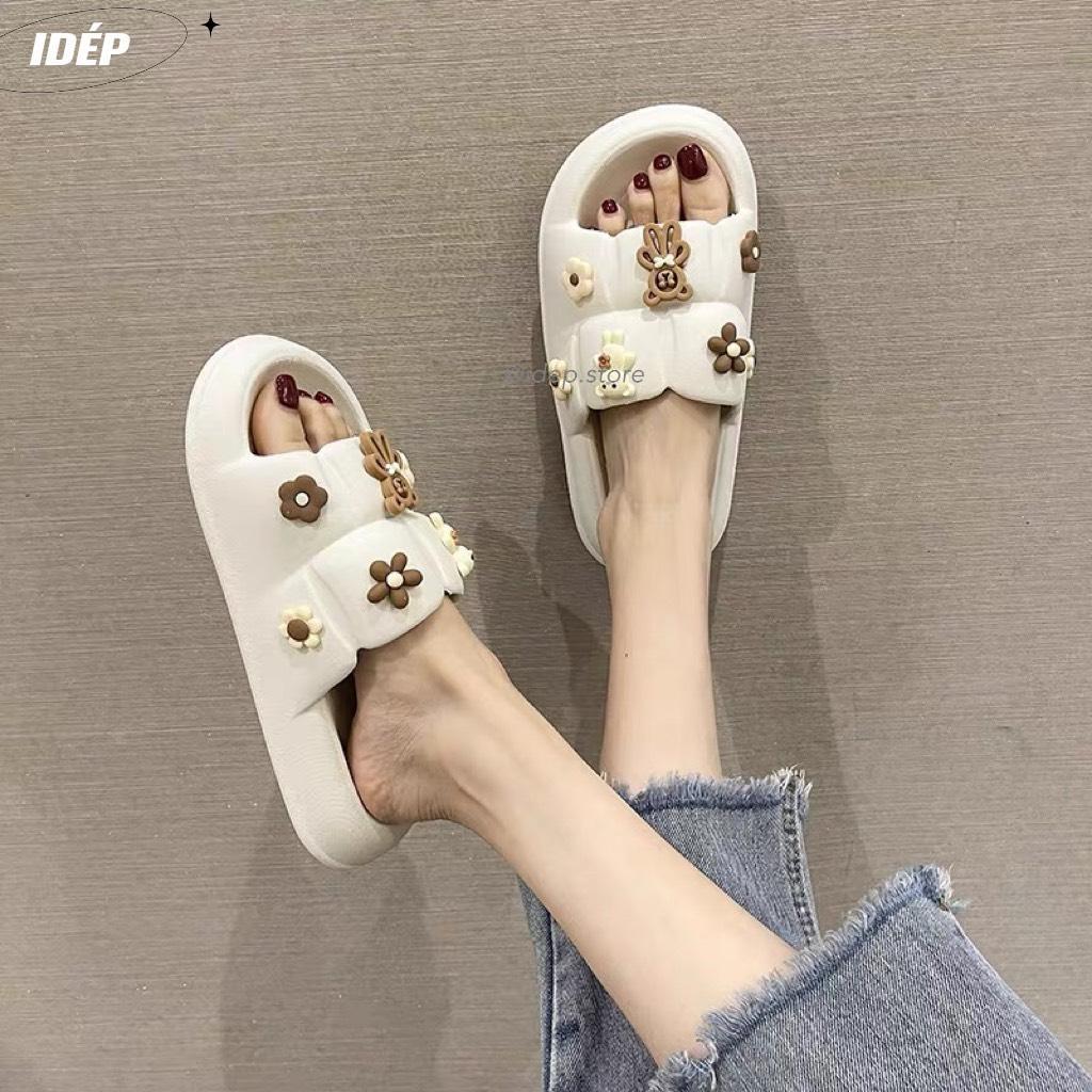Dép Bánh mì hình vuông gắn sticker GẤU TEDDY cao 3cm nữ quai ngang chất EVA siêu nhẹ iDÉP - DL264