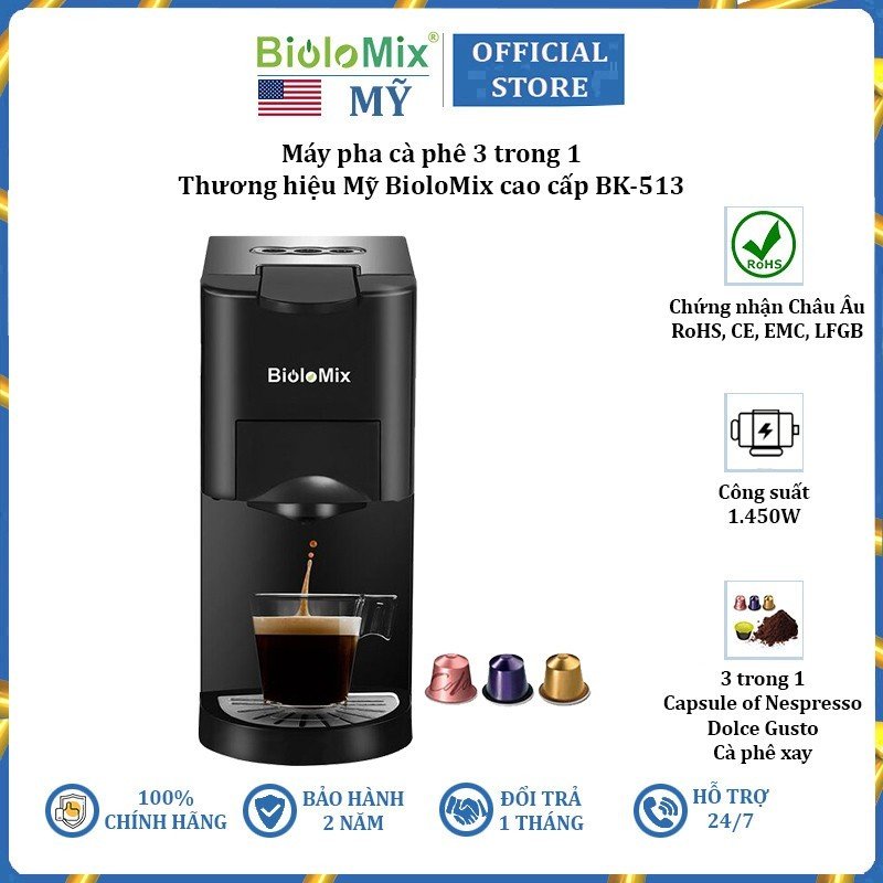 Máy pha cà phê 3 trong 1 phiên bản cao cấp BK-513 thương hiệu BioloMix - HÀNG NHẬP KHẨU
