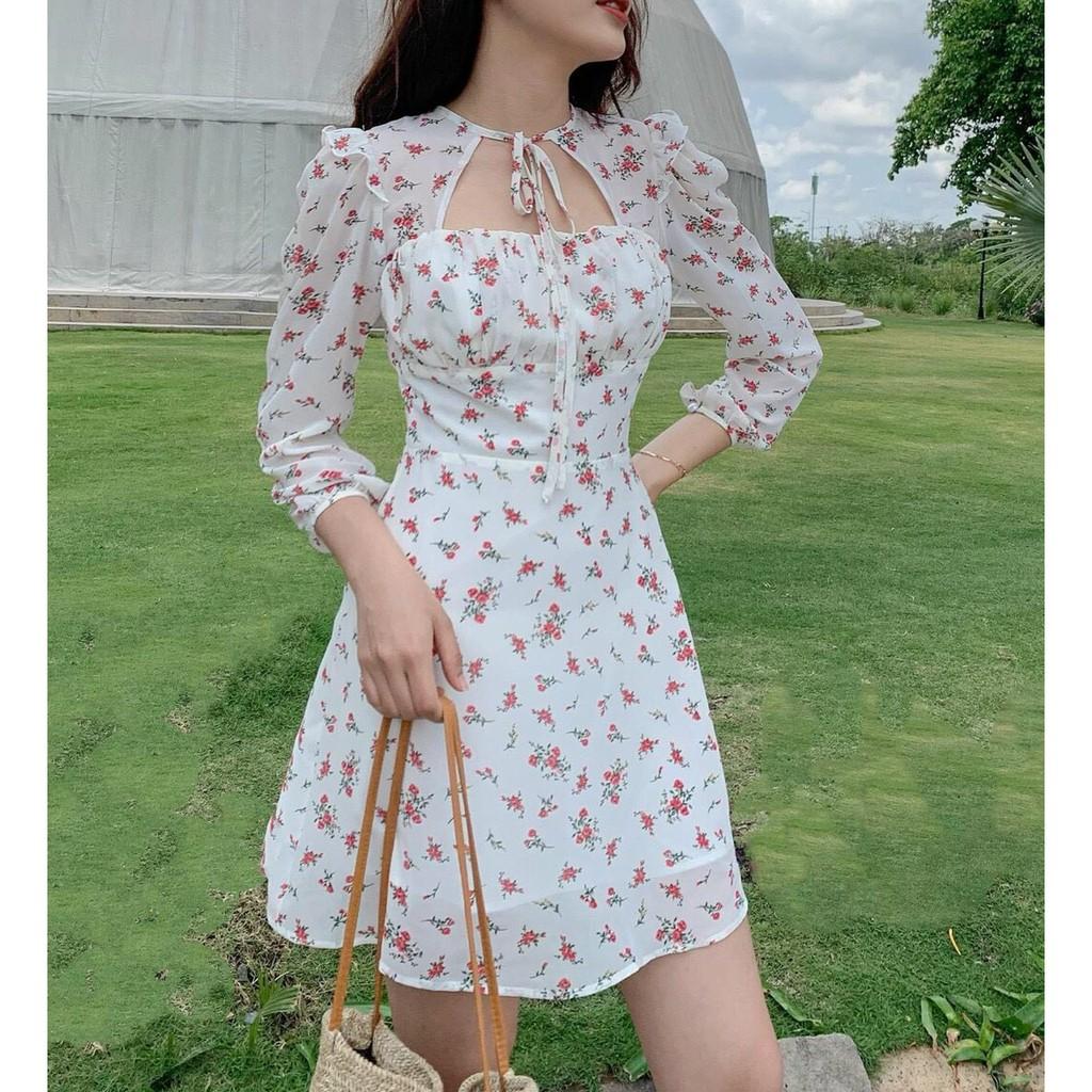 Đầm Nữ Váy Hoa Tay Đỏ Khoét NGựcTay Dài Form Rộng Che Khuyết Điểm Siêu Xinh