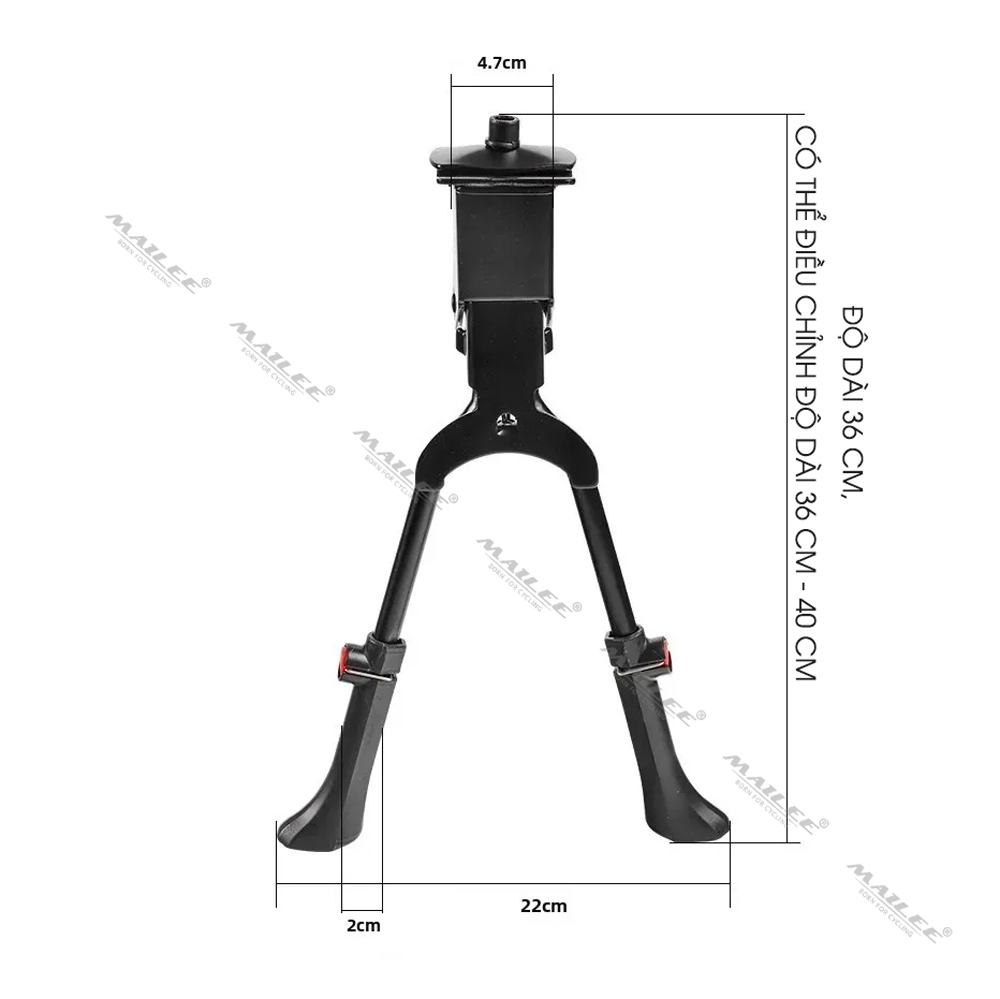 Chân chống 2 chân cho xe đạp hợp kim thép lắp gắn giữa HS-037A, có điều chỉnh 36cm - 40cm cho bánh xe 24 đến 29inch - Mai Lee