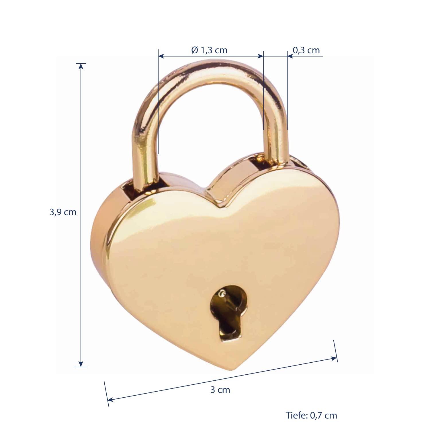 Khóa mini trang trí với chìa khóa hình trái tim | 3,9 x 3 x 0,7 cm | Vàng