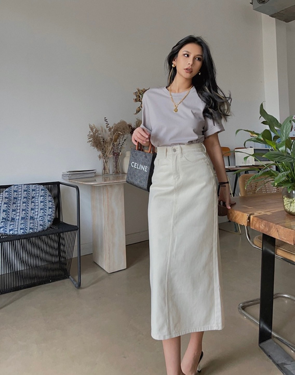 (Ảnh Thật) Set Chân Váy Midi Kaki Phối Áo Thun