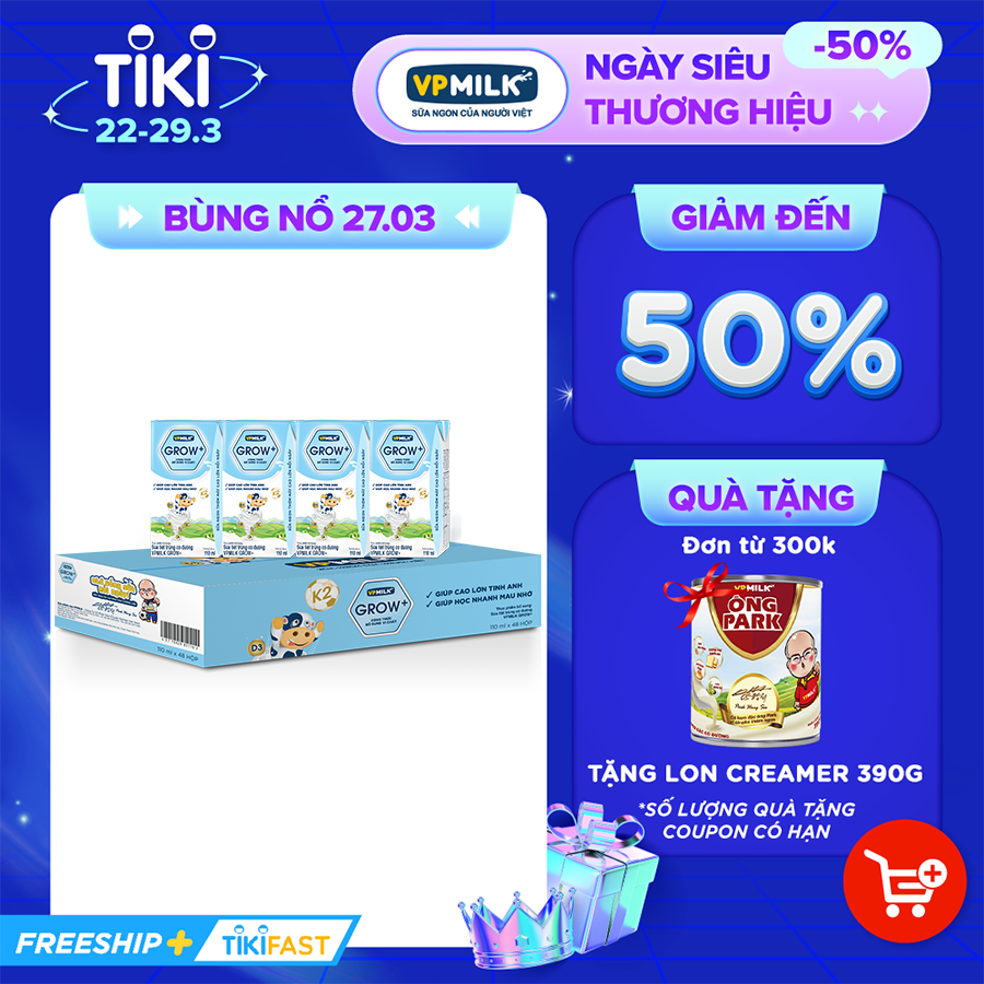 Sữa Tiệt Trùng Có Đường VPMilk Grow+ Hộp 110ml (Thùng 48 Hộp)