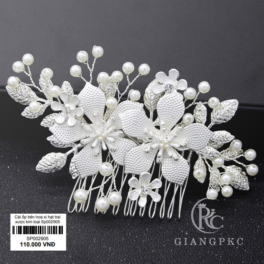 Cài ốp tóc cô dâu một bên hoa xi hạt trai xược kim loại Giangpkc Sp002905