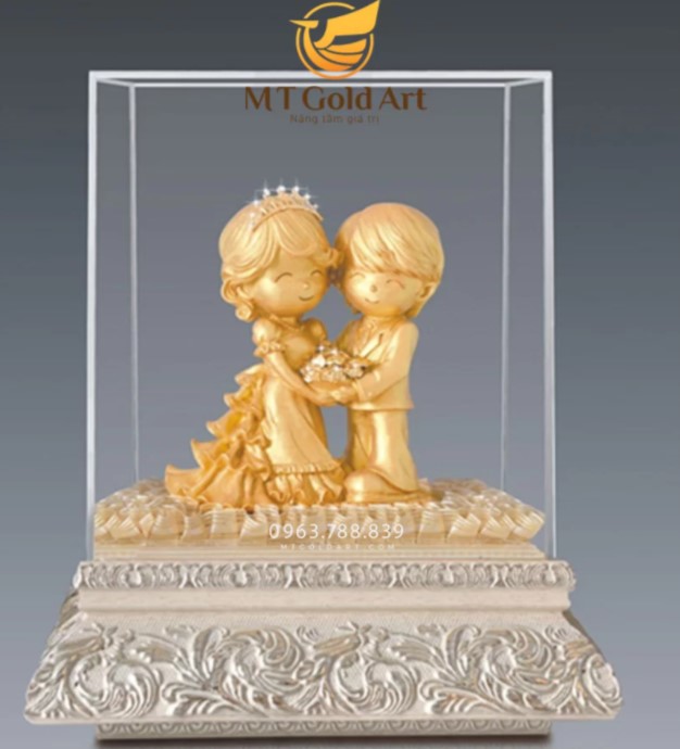 Tượng cô dâu chú rể dát vàng 24k( 19x27x34cm) MT Gokd Art- Hàng chính hãng, quà tặng ngày cưới, kỷ niệm ngày cưới