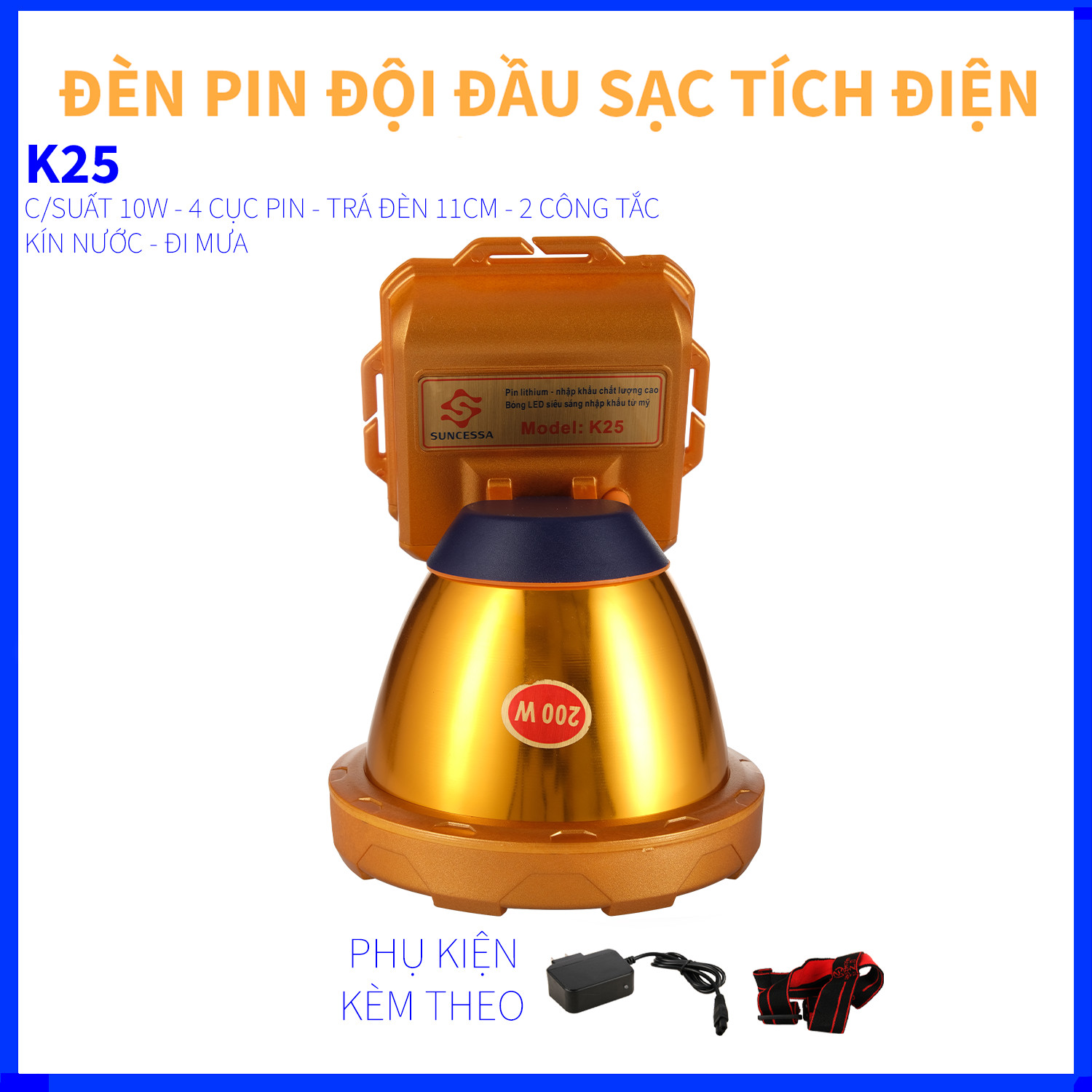 ĐÈN PIN ĐỘI ĐẦU K25 - NHẬP KHẨU THÁI LAN - 3 CỤC PIN - CHỐNG NƯỚC - ĐI MƯA - CHIẾU XA 1000 MÉT