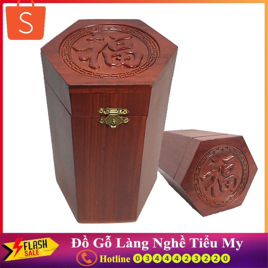 Hộp chè, Hộp đựng trà gỗ, hình lục lăng chữ PHÚC TÀU