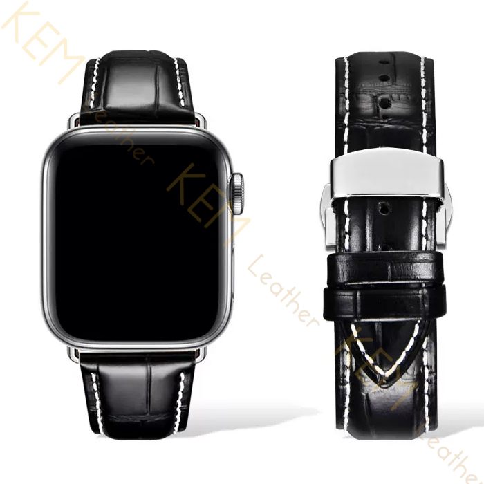 Dây Đồng Hồ Thay Thế Dành Cho Apple Watch 48 Ultra 45/44/42mm - 41/40/38mm, Chất Liệu Da Cá Sấu Cao Cấp Màu Đen May Thủ Công Chỉ Trắng Tương Thích Các Phiên Bản Series 8/7/6/5/4/3/2/1/SE Bảo Hành 12 Tháng