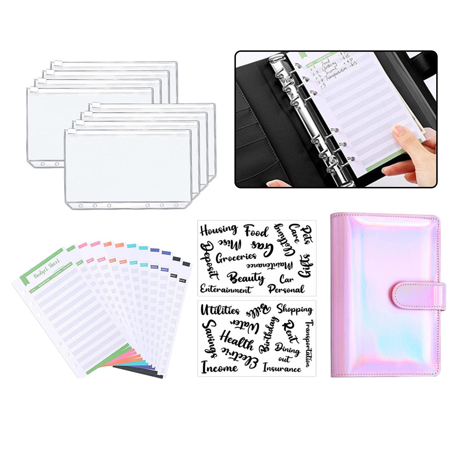 A6 Notebook Binder Budget Binder PVC Transparent Pockets with Letter Stickers Cash Budget Envelopes for Budget Planner Organizer Cash Bills