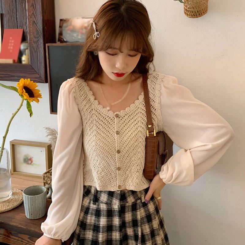 Áo kiểu dệt kim cổ chữ V thời trang cho nữ