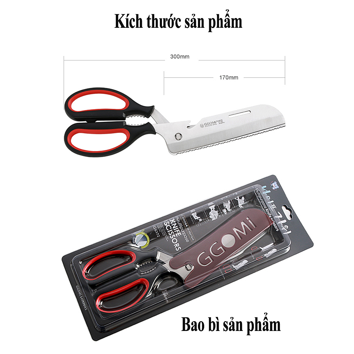 Kéo dao đa chức năng dài 30cm, chiều dài lưỡi 17cm bằng thép không gỉ an toàn của GGOMi Hàn Quốc GG172