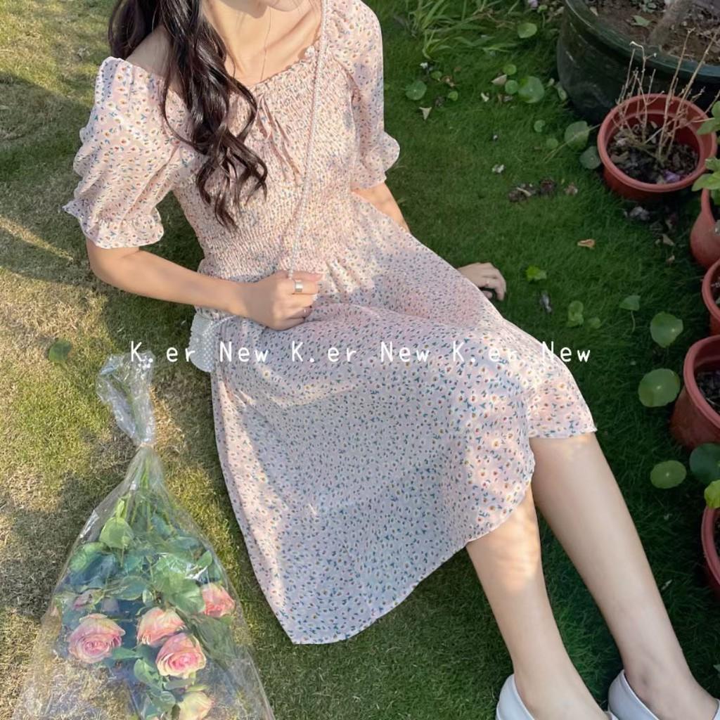 Váy hoa nhí nhún thân voan chifon VKE1015-2 Ulzzang style Hàng Quảng Châu