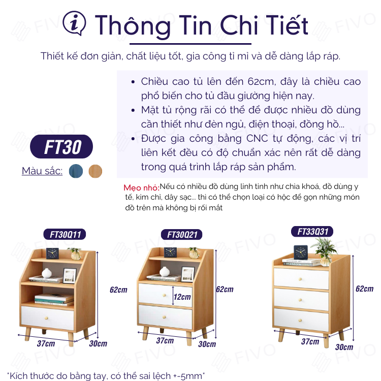 Tủ Đầu Giường Gỗ Mini Nhiều Ngăn FIVO Mẫu FT30, Dễ Dàng Lắp Ráp, Decor Tiện Lợi, Tiện Lợi Cho Phòng Ngủ