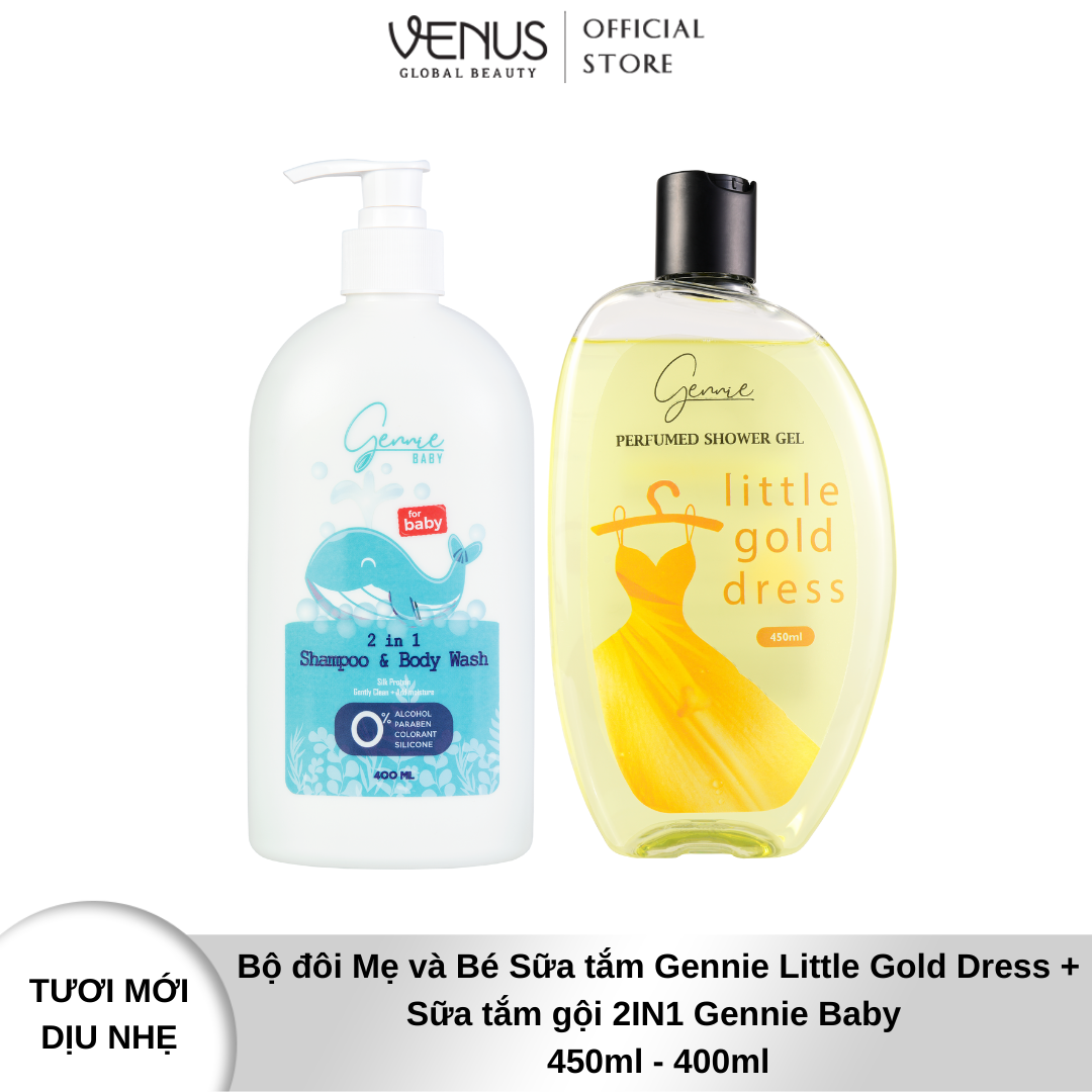 Bộ đôi Mẹ và Bé Sữa tắm Gennie Little Gold Dress + Sữa tắm gội 2IN1 Gennie Baby 450ml - 400ml