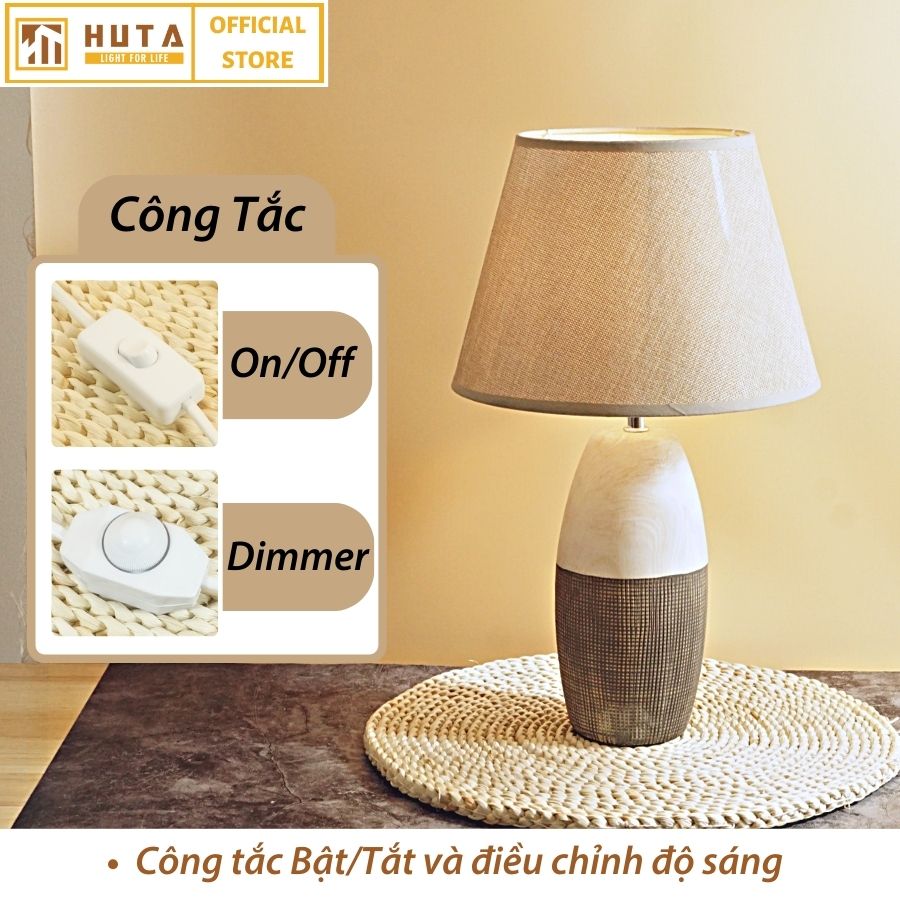 Đèn Ngủ Để Bàn HUTA S5 Gốm Sứ Cao Cấp Sang Trọng Decor Trang Trí Phòng Ngủ Phòng Khách, Khách Sạn, Điều Chỉnh Độ Sáng, Đèn Vàng Bóng LED Tiết Kiệm Điện