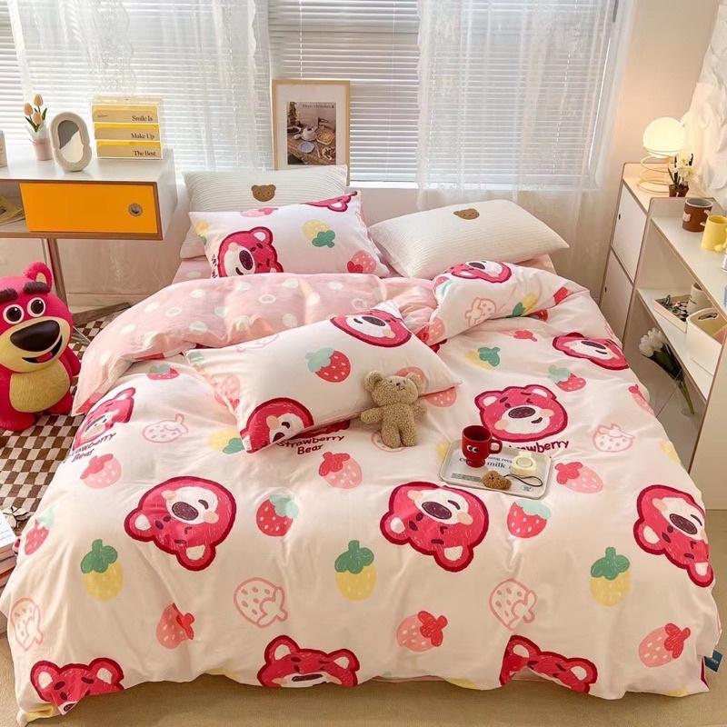 Set Cotton Living Hàng Nhập Khẩu Cao Cấp 4 Món Gấu Hồng