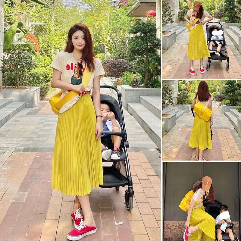TOBE1SHOP Váy Hồng Kông nhẹ nhàng, hoạt bát, áo thun ngắn tay, thắt lưng mềm mại, váy xếp nếp, con cái mùa hè.