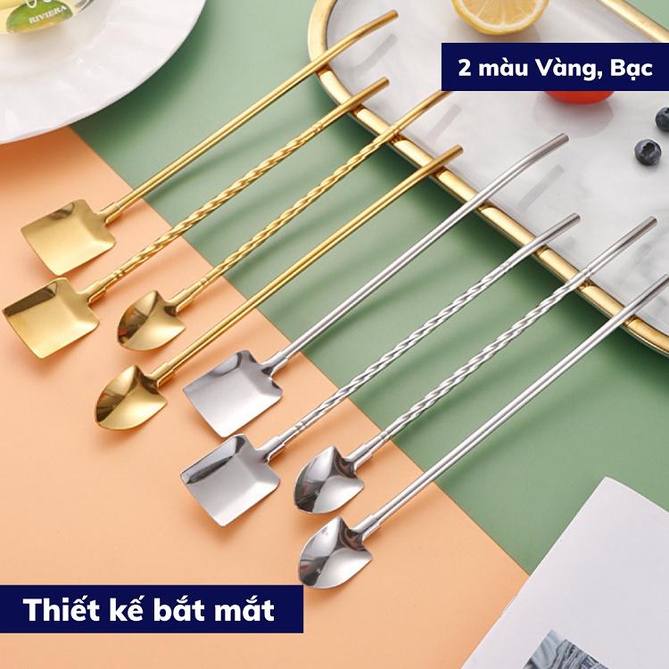 Muỗng Inox có ống hút thìa cute muỗng cà phê an toàn thìa cafe dụng cụ pha cà phê và có cọ rửa ống hút đẹp