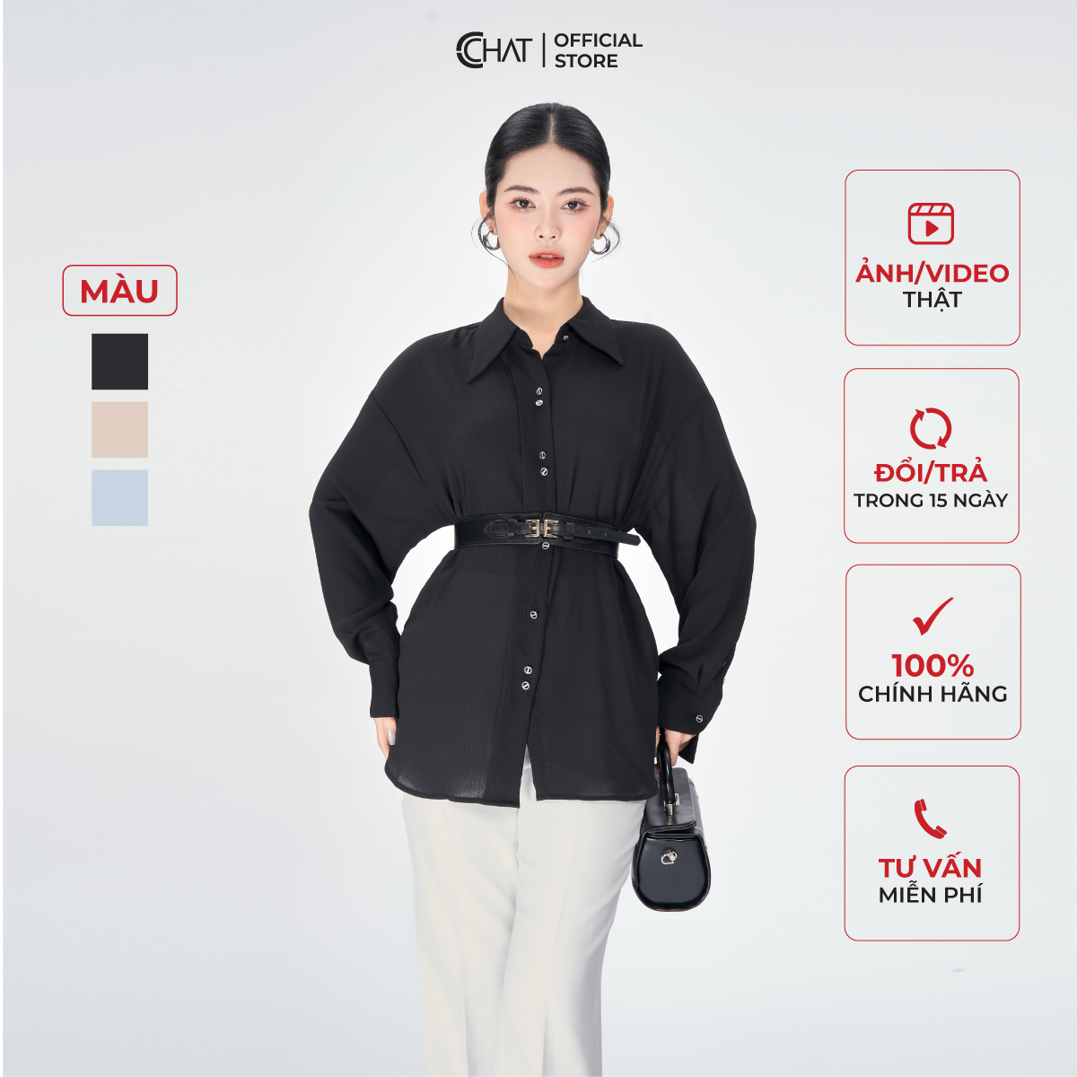 Áo Sơ Mi Nữ Kiểu Nẹp Đôi Dáng Suông Chất Chiffon Cao Cấp 53FDE2021ST