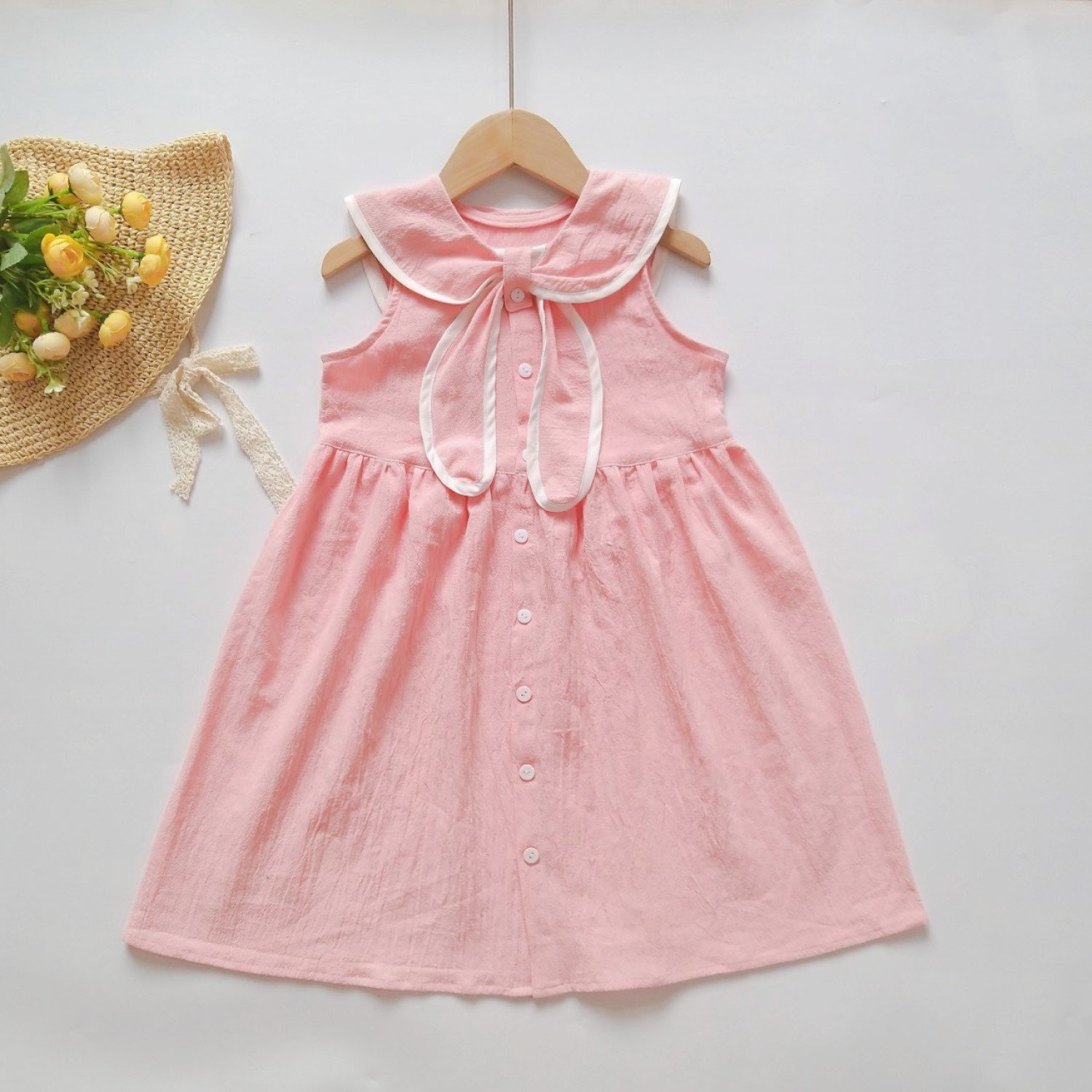 G00000111 Đầm bé gái màu hồng phấn, tùng xòe, cổ nơ siêu cưng. Váy bé gái từ 3 tuổi