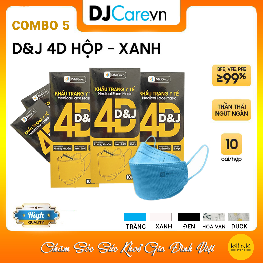 COMBO 5 Hộp Khẩu Trang Y Tế Kháng Khuẩn 4D D&amp;J/Tiêu Chuẩn KF94/Hộp 10 Cái