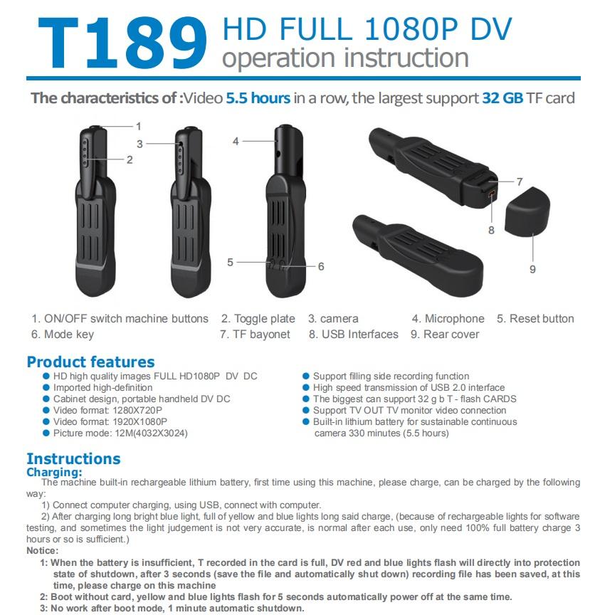 Rechargeable Camera T189 Hd 1080p Motion Detection Mini Portable Camera