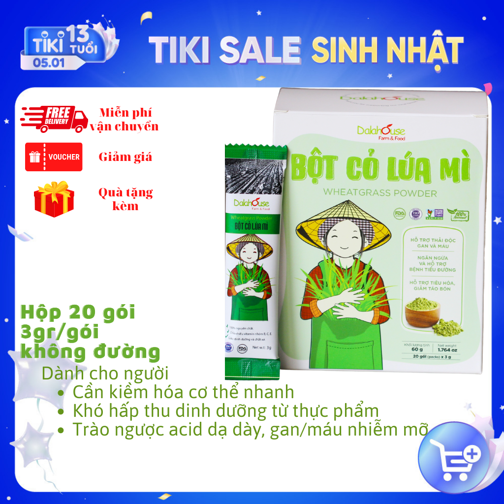 Bột cỏ lúa mì hữu cơ sấy lạnh Dalahouse - Hộp 20 gói 3gr tiện lợi - Hỗ trợ thải độc Gan và Máu, Ngăn ngừa và hỗ trợ tiểu đường, Hỗ trợ tiêu hóa, giảm táo bón