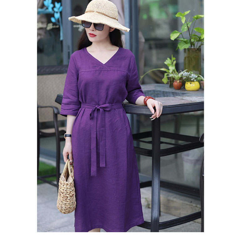 Đầm suông linen cổ tim tay lỡ ArcticHunter, chất vải linen mềm mát, thời trang xuân hè 2021 – Tím huế – M