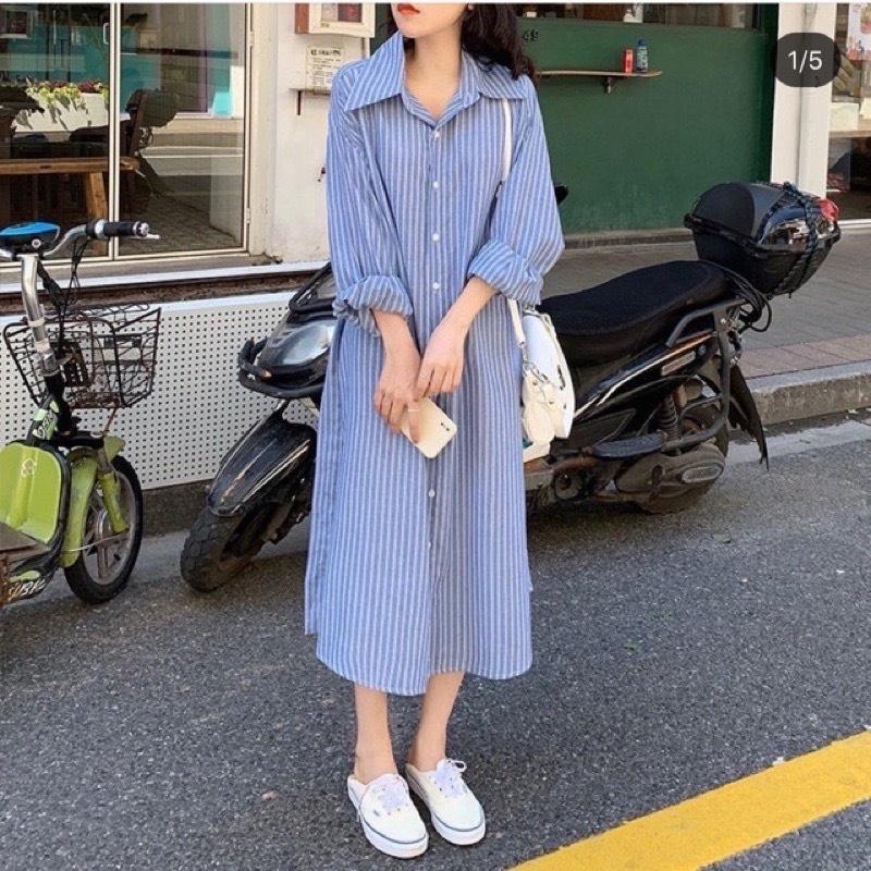 Váy sơ mi thô kẻ sọc EMIX, đầm suông cổ sơ mi dáng dài, form rộng, basic phong cách hàn 88900