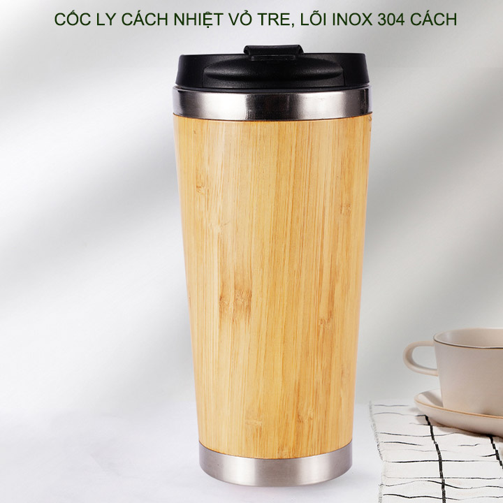 Cốc uống trà, cà phê vỏ tre 450ml, lõi inox 304, nắp bật